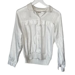 Vintage Lauren Lee Shiny White Button Gathered Hem Shirt - Women's 8